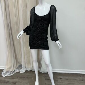 Elegant Black Sheer Sleeve Glitter Mini Dress Tie Back Holiday Christmas Small